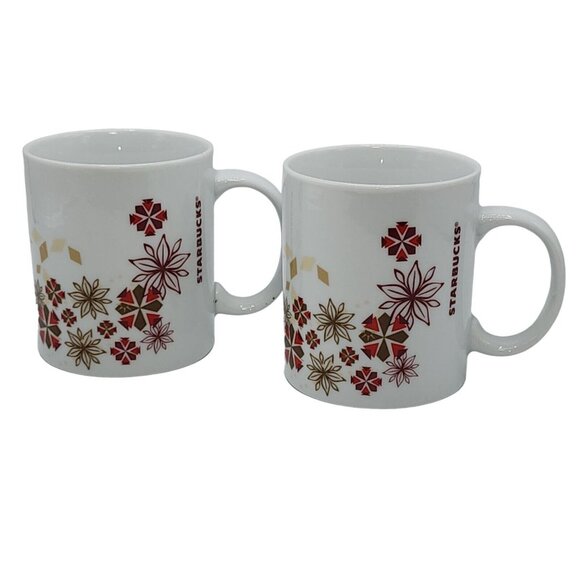 Starbucks Vintage Poinsettia Ceramic Coffee Mug Set Of 2pc 12oz Gold Red White - Picture 1 of 14